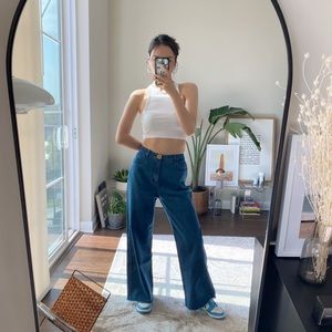 Wide leg blue jeans.